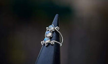 Load image into Gallery viewer, Moonstone Silver Ring, 925 Sterling Silver and Three Moonstone Light Blue Gemstones Ring for Women, Triple Moonstone and Real Silver Boho Chic Statement Ring, Bohemian Gift Idea, Handmade by Lilyom.
