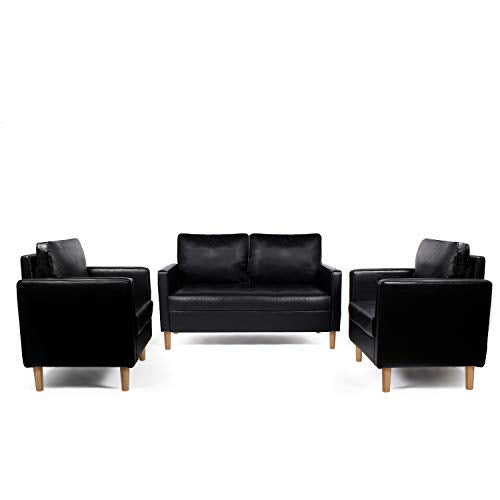 Load image into Gallery viewer, AILEEKISS Mid-Century Sectional Sofa Set Faux Leather Office 3 Pcs Couch Set with Armrest Modern Upholstered Loveseat Couches (1-Seater+1-Seater+2-Seater, Black)
