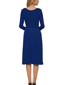 MISFAY Women's Long Sleeve Pockets Empire Waist Pleated Loose Swing Casual Flare Midi Dress (XL, Royal Blue)