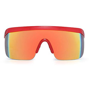 JIM HALO Oversized Flat Top Shield Sunglasses One Piece Mirror Glasses Men Women (Red White Frame/Mirror Gold Lens)