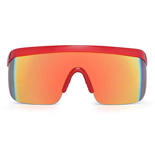 JIM HALO Oversized Flat Top Shield Sunglasses One Piece Mirror Glasses Men Women (Red White Frame/Mirror Gold Lens)