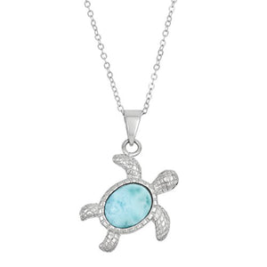 Sterling Silver Natural Larimar Turtle Pendant with 18" Chain