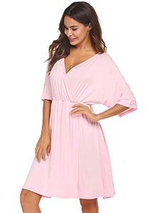 Ekouaer 3 in 1 Labor/Delivery/Hospital Gown Maternity Dress Nursing Nightgown Sleepwear for Breastfeeding V Neck Short Sleeve Nightshirt Sleeping Dress, Pink, Samll