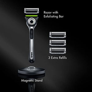 Gillette Mens Razor with Exfoliating Bar by GilletteLabs, Shaving Kit for Men, Includes 1 Handle, 4 Razor Blade Refills, 1 Premium Magnetic Stand