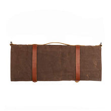 Load image into Gallery viewer, Chef Knife Roll Bag - Handmade Waxed Canvas and Leather Knife Bag Stores 10 Knives + Zipper Pocket and Shoulder Strap (Dark Brown)
