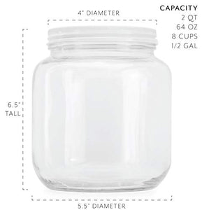 Clear Half Gallon Wide-mouth Glass Jars (2-Pack), 64-Ounce / 2-Quart Capacity with Metal Lids, BPA-Free