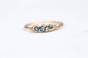 Triple Raw Blue Diamond Ring, Size 5, Yellow Gold, April Birthstone