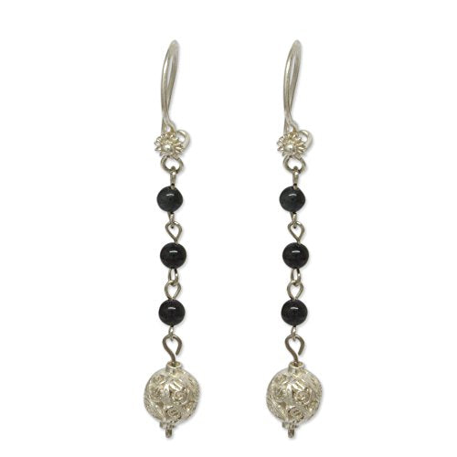 NOVICA Obsidian .925 Sterling Silver Dangle Hook Earrings 'Cosmic Spheres''