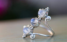 Load image into Gallery viewer, Moonstone Silver Ring, 925 Sterling Silver and Three Moonstone Light Blue Gemstones Ring for Women, Size US 6.5, Triple Moonstone and Real Silver Boho Chic Statement Ring, Bohemian Gift Idea.
