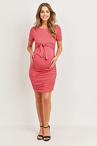 LaClef Maternity Short Sleeve Bodycon Dress with Tie Front, Side Ruched (Dark Rose, X-Large)