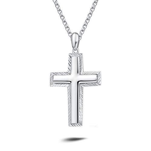 Carleen White Gold Plated Solid Sterling Silver Diamond-Cut High Polished Mens Cross Crucifix Pendant Necklace Rolo Chain Fine Jewelry For Men Boys, Length 20