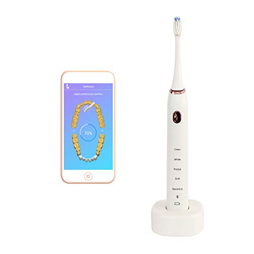 Sonic Bluetooth Rechargeable Electronic Toothbrush – 5 Modes – App Control – Smart Timer – Wireless Charging – Orthodontic Portable Power Toothbrush – 2 Replacement Dupont Brush Heads (White)