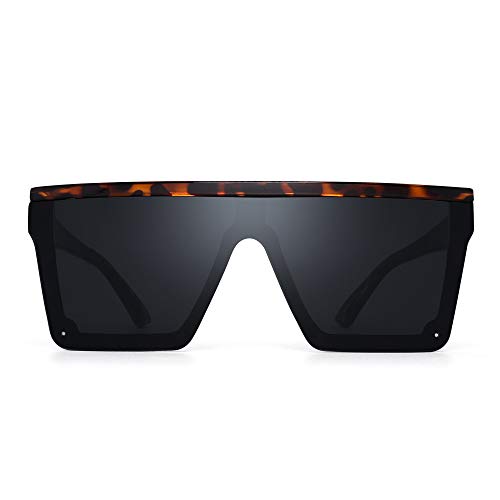 JIM HALO Flat Top Shield Sunglasses Square Mirror Rimless Glasses for Women Men (Tortoise Frame/Grey Lens)