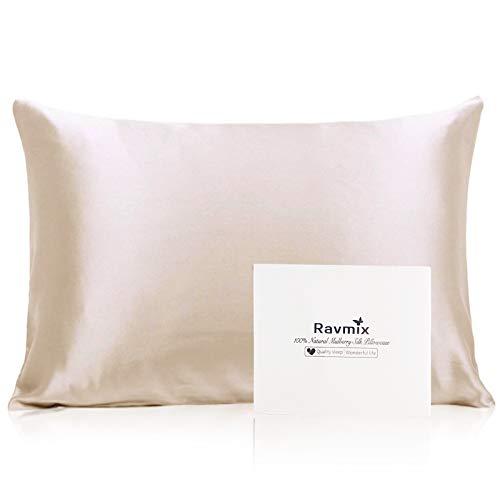 Ravmix 100% Pure Natural Mulberry Silk Pillowcase for Hair and Skin King Size, 21 Momme 600TC Hypoallergenic Both Sides Soft Breathable with Hidden Zipper, 20×36 inches, 1PCS, Beige