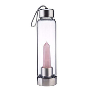 Crystal Water Bottle - Rose Quartz Gemstone Infused Elixir - Natural Wellness Healing - Glass/Stainless Steel