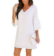 Load image into Gallery viewer, BELONGSCI Women's Dress Sweet &amp; Cute V-Neck Bell Sleeve Shift Dress Mini Dress White
