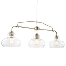 Load image into Gallery viewer, Kira Home Harlow 37.5" Modern Industrial Farmhouse/Schoolhouse 3-Light Island Light with Clear Glass Shades, Adjustable Hanging Height, Brushed Nickel Finish
