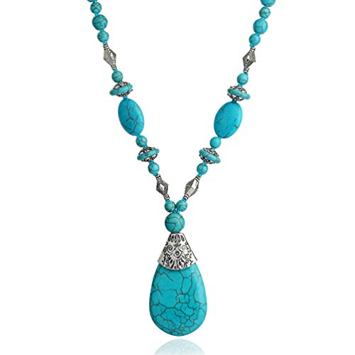 Boho Turquoise Long Beaded Necklace For Women Vintage Ethnic Alloy Pendant Jewelry (Turquoise Long Necklace)