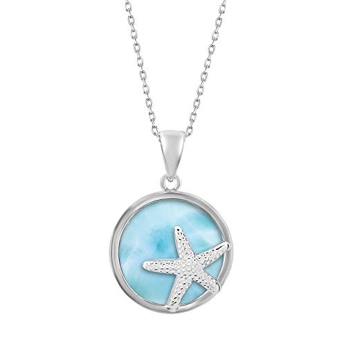 Sterling Silver Natural Larimar Starfish Circle Pendant with 18