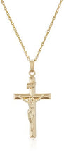 Load image into Gallery viewer, Men's 14k Gold Filled Solid Beveled Edge Embossed Crucifix Cross with Gold Plated Stainless Steel Chain Pendant Necklace, 18"
