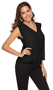 Women's Summer V Neck Tank Cap Sleeve Casual Flowy Chiffon Blouse Shirts Black S