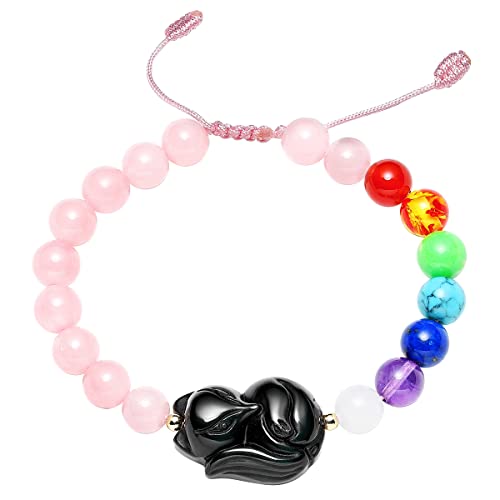 Jewever 7 Chakra Rose Quartz Beaded Bracelets for Women Black Obsidian Fox Healing Crystals and Gemstones Yoga Inspirational Jewelry Gifts