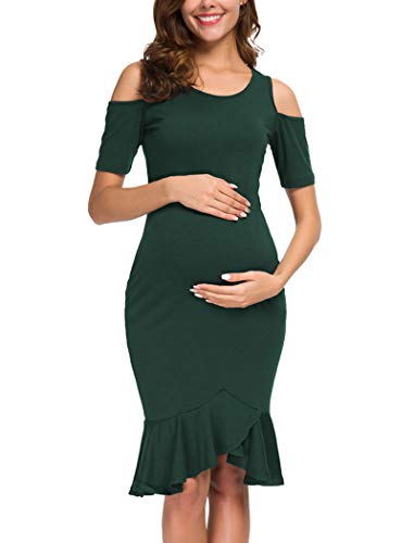 Ecavus Women's Maternity Dress Bodycon Cold Shoulder Pregnancy Dresses with Ruffle Hem for Baby Shower