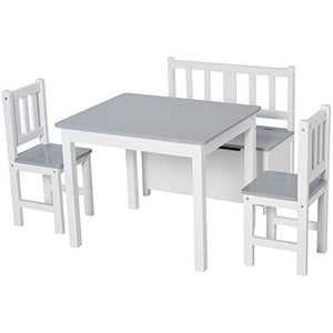 Qaba 4-Piece Set Kids Wood Table Chair Bench with Storage Function Toddlers Age 3 Years up, Grey and White
