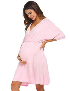 Ekouaer 3 in 1 Labor/Delivery/Hospital Gown Maternity Dress Nursing Nightgown Sleepwear for Breastfeeding V Neck Short Sleeve Nightshirt Sleeping Dress, Pink, Samll