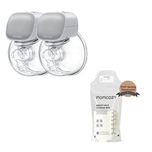 Load image into Gallery viewer, Momcozy Breastmilk Storing Bags with Temp-Sensing 120pcs &amp; Double Wearable Breast Pump, 24mm Grey
