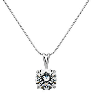 14K Solid White Gold Pendant Necklace | Round Cut Cubic Zirconia Solitaire | 2.0 Carat | 16 Inch .60mm Box Link Chain | With Gift Box