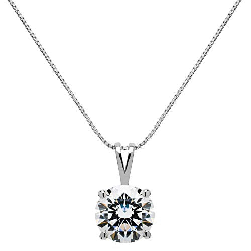 14K Solid White Gold Pendant Necklace | Round Cut Cubic Zirconia Solitaire | 2.0 Carat | 16 Inch .60mm Box Link Chain | With Gift Box