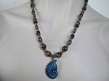 Load image into Gallery viewer, 22" Carved Pyrite Ammonite Pendant Necklace, Tiger Eye Womens Mens Jewelry, Titanium Blue, Antiqued Copper
