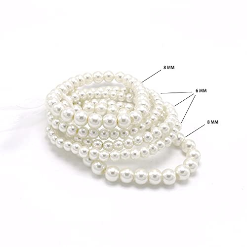 Load image into Gallery viewer, 5 Pcs Faux Pearl Bracelet Set for Women Beaded Stretch Strand Bracelets for Bridal Party (White)