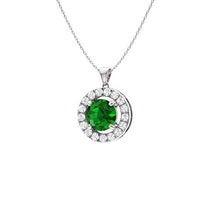 Load image into Gallery viewer, Diamondere Natural and Certified Emerald and Diamond Halo Petite Necklace in 10k White Gold | 0.65 Carat Pendant with Chain

