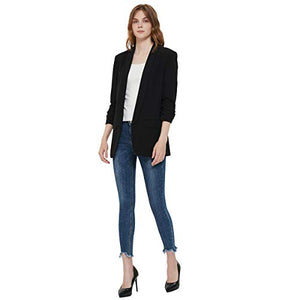 Charis Allure Womens 3/4 Ruched Sleeve Blazer Jacket Lightweight Work Office Open Front Solid Coat, Black, S