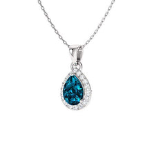 Load image into Gallery viewer, Diamondere Natural and Certified Pear London Blue Topaz and Diamond Halo Drop Petite Necklace in 14k White Gold | 0.33 Carat Pendant with Chain
