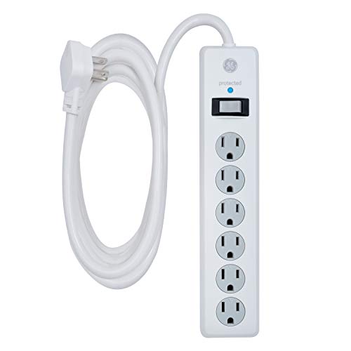 GE 6 Outlet Surge Protector, 10 Ft Extension Cord, Power Strip, 800 Joules, Flat Plug, Twist-to-Close Safety Covers, White, 14092