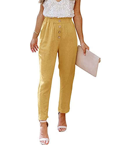 NIMIN Pants for Women Casual Comfy High Waisted Pants Cotton Summer Beach Work Paper Bag Pants with Pockets Yellow 2X-Large