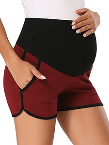 PACBREEZE Women's Maternity Shorts Over Belly Pregnancy Activewear Workout Running Athletic Lounge Shorts(Black Burgundy, Large)