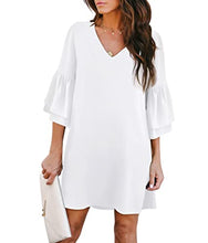 Load image into Gallery viewer, BELONGSCI Women's Dress Sweet &amp; Cute V-Neck Bell Sleeve Shift Dress Mini Dress White
