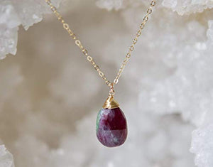 Ruby Zoisite Teardrop Gemstone Gold Filled Necklace - 18" Length