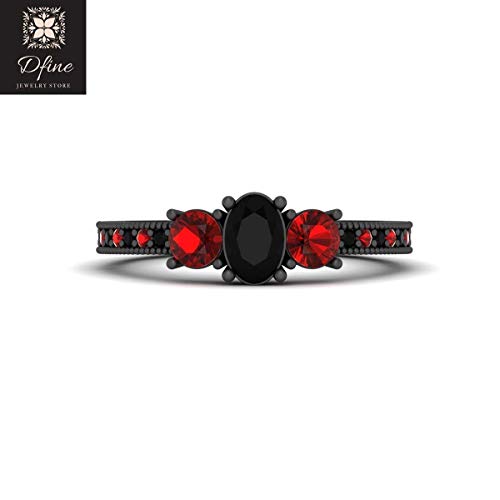 Harley Quinn Inspired Engagement Ring Oval Black Onyx and Red Garnet 3 Stone Wedding Ring Gun Metal Fn 925 Silver