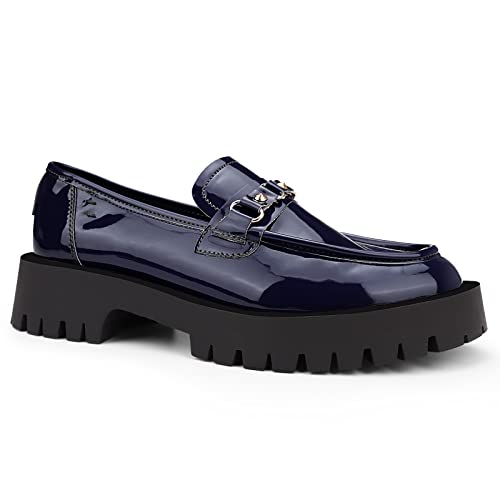 Load image into Gallery viewer, ISOMEI Loafers for Women Comfort Chunky Heel Loafers Patent Leather Chunky Loafers(Blue,8)