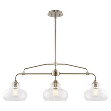 Load image into Gallery viewer, Kira Home Harlow 37.5" Modern Industrial Farmhouse/Schoolhouse 3-Light Island Light with Clear Glass Shades, Adjustable Hanging Height, Brushed Nickel Finish
