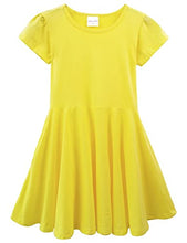 Load image into Gallery viewer, Noomelfish Girls Short Puff Sleeve Dress Summer Casual Knit Swing Twirl Skater Dresses with Pockets, Yellow, Size 9-10 Years
