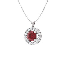 Load image into Gallery viewer, Diamondere Natural and Certified Ruby and Diamond Halo Petite Necklace in 14k White Gold | 0.61 Carat Pendant with Chain
