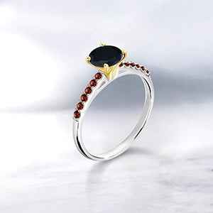 Gem Stone King 1.04 Ct Black Onyx Red Garnet 925 Silver Ring with 10K Yellow Gold Prongs (Size 5)