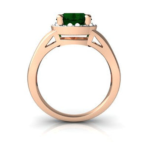 14kt Rose Gold Lab Emerald and Diamond 8mm Round Halo Split Band Ring - Size 6