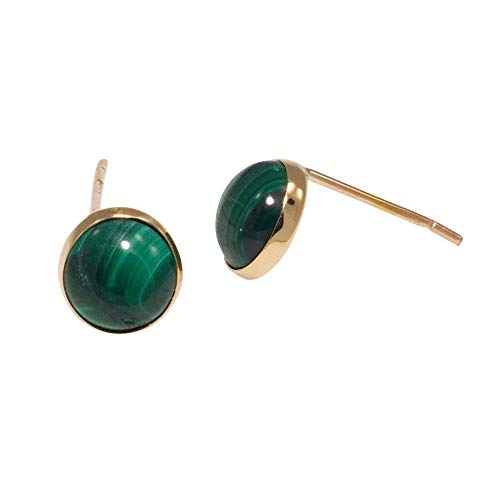 14K Gold Malachite Stud Earrings - 14K Solid Yellow Gold Studs, Small Round 6mm Natural Stone, May Taurus Birthstone Dark Green Malachite Gemstone, Simple Minimalist Dainty Handmade Jewelry for Women